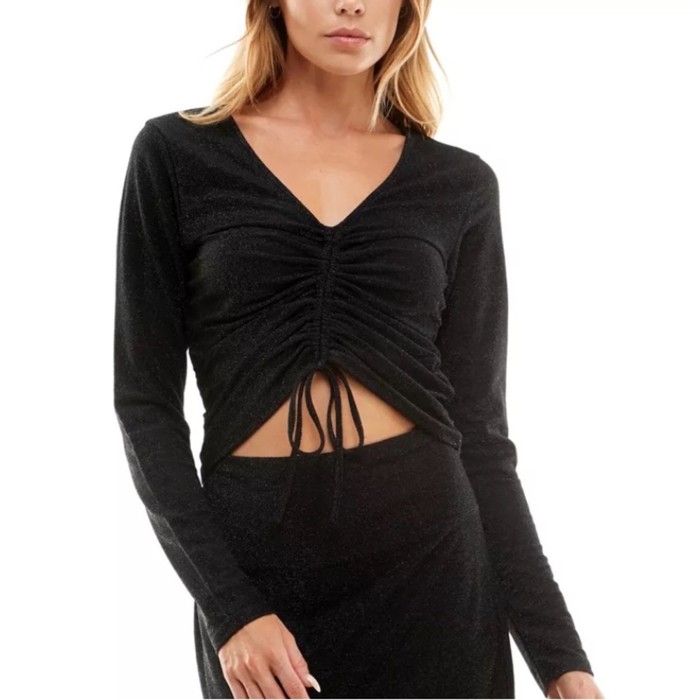 Ultra Flirt' Glitter V-Neck Ruched-Front Top Size S